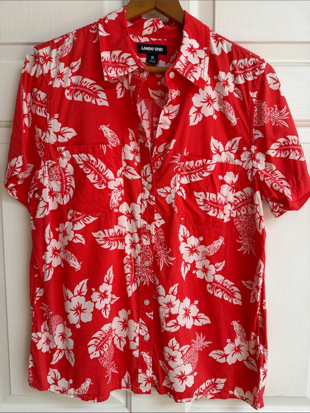 Lands' End Red and White Floral Hawaiian Button-Down Shirt